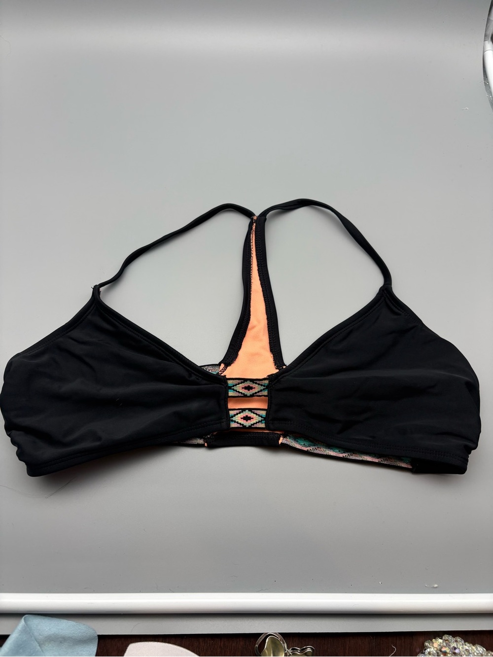 Xhilaration Black Swim Top with Peach Lining and Teal Accent